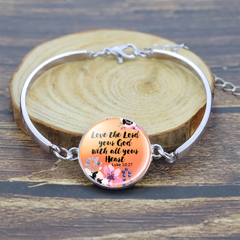 4pc Floral Quote Necklace Bracelet Earrings Set, Orange Background